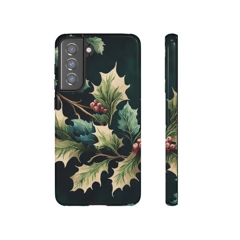 Dark Green Festive Holly in Watercolor - Impact Resistant Phone Case Samsung Galaxy S21 FE Glossy